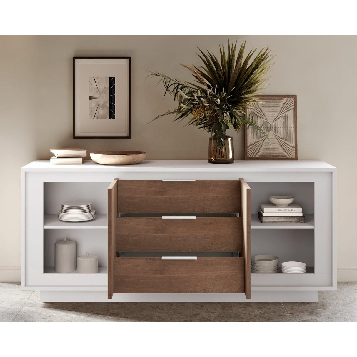 Berlin 2 Door 3 Drawer 180cm Matt White and Mercure Oak Sideboard - FurniComp