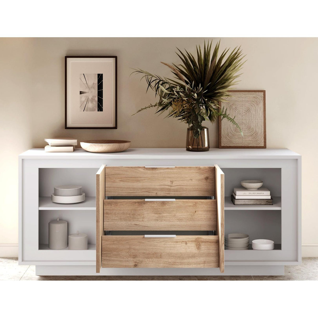 Berlin 2 Door 3 Drawer 180cm Matt White and Cadiz Oak Sideboard - FurniComp