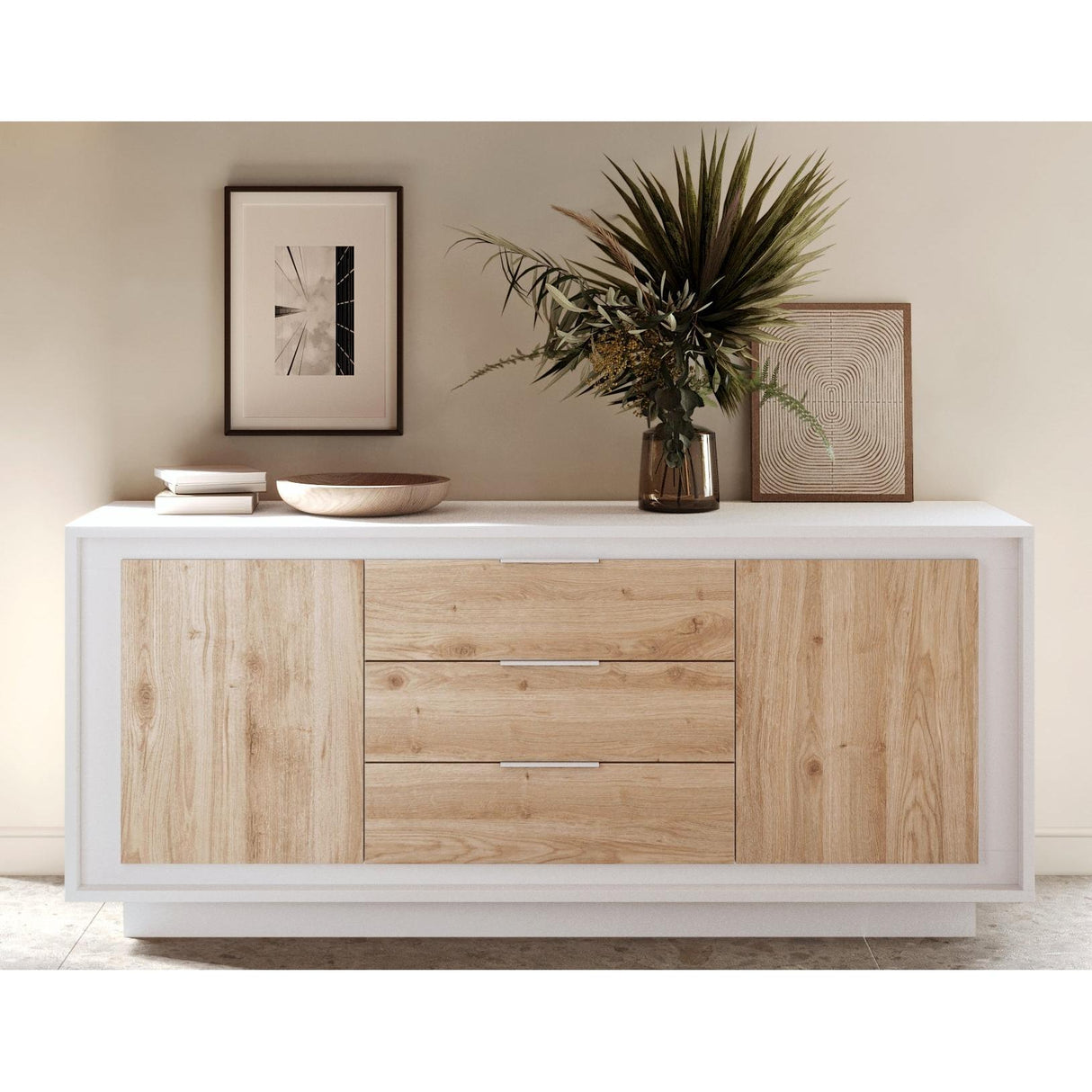 Berlin 2 Door 3 Drawer 180cm Matt White and Cadiz Oak Sideboard - FurniComp