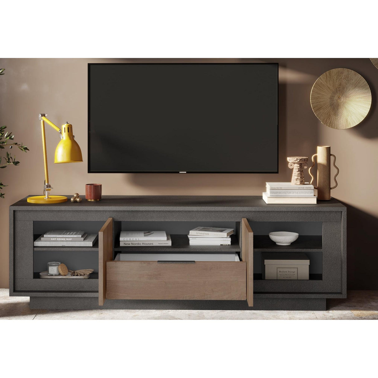 Berlin 2 Door 1 Drawer 180cm Grey and Mercure Oak TV Stand - FurniComp