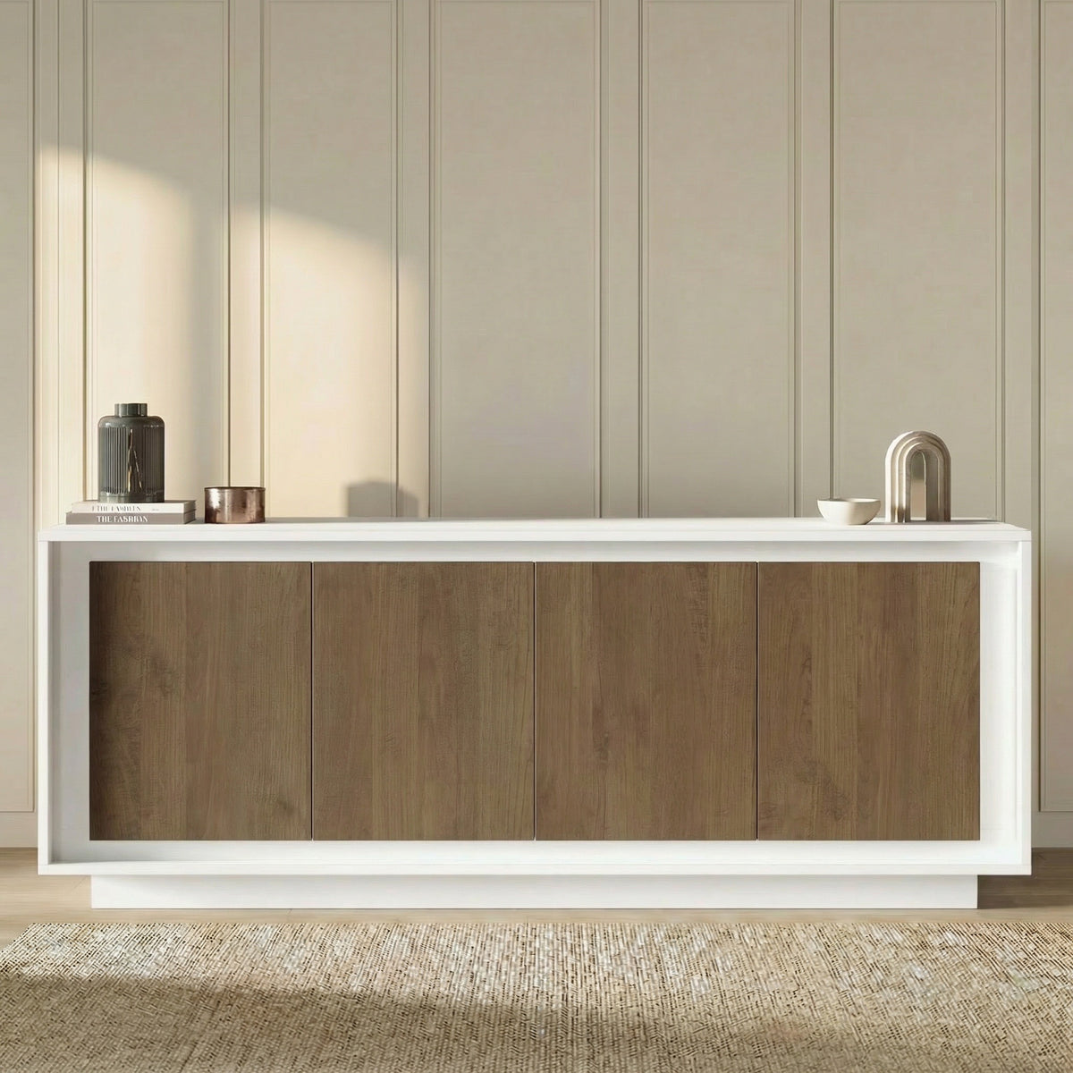 Berlin 4 Door 207cm Matt White and Mercure Oak Sideboard – FurniComp