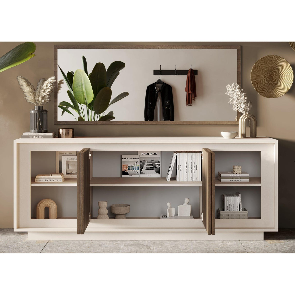 Berlin 4 Door 207cm Cashmere and Mercure Oak Sideboard - FurniComp