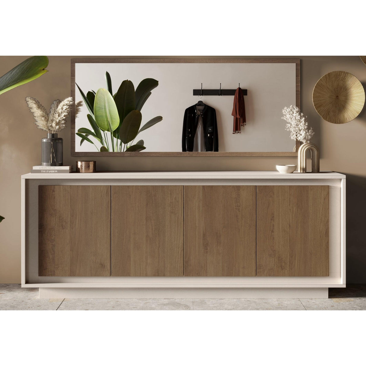 Berlin 4 Door 207cm Cashmere and Mercure Oak Sideboard - FurniComp