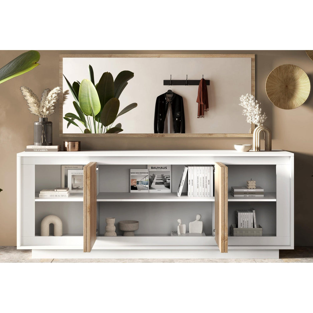 Berlin 4 Door 207cm Matt White and Cadiz Oak Sideboard - FurniComp