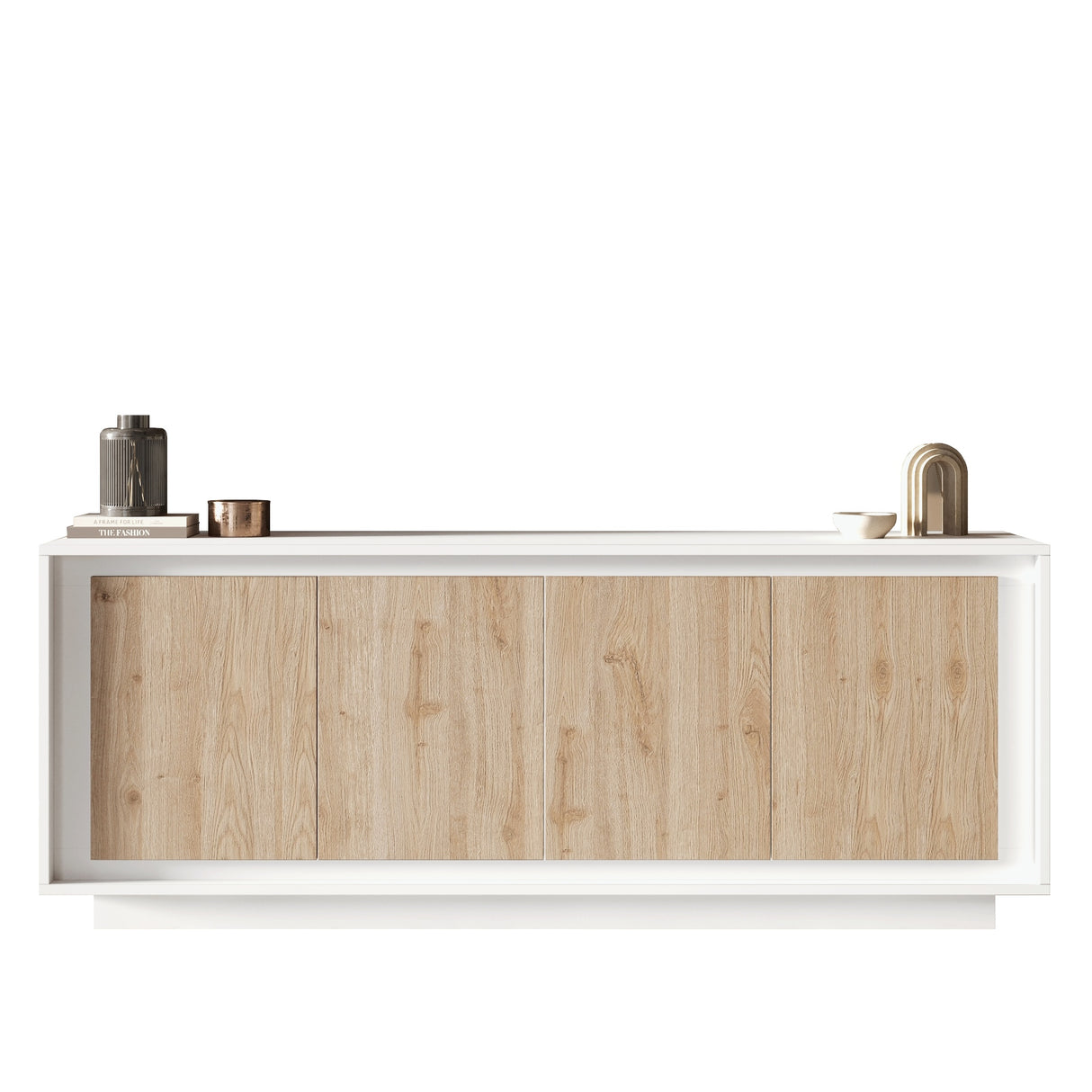 Berlin 4 Door 207cm Matt White and Cadiz Oak Sideboard - FurniComp