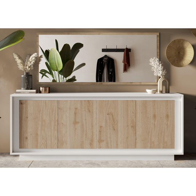 Berlin 4 Door 207cm Matt White and Cadiz Oak Sideboard - FurniComp