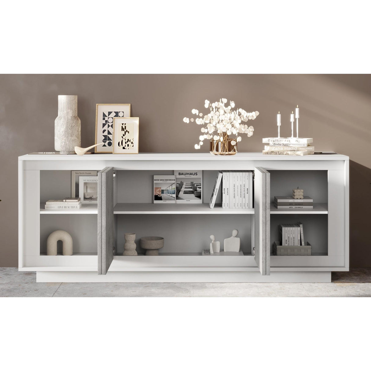 Berlin 4 Door 207cm Matt White and Concrete Grey Sideboard - FurniComp
