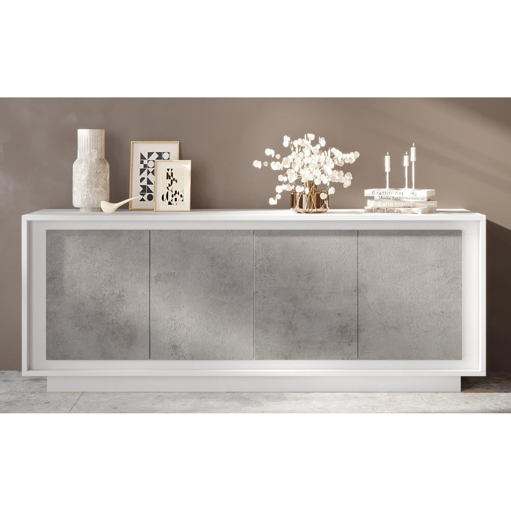 Berlin 4 Door 207cm Matt White and Concrete Grey Sideboard - FurniComp