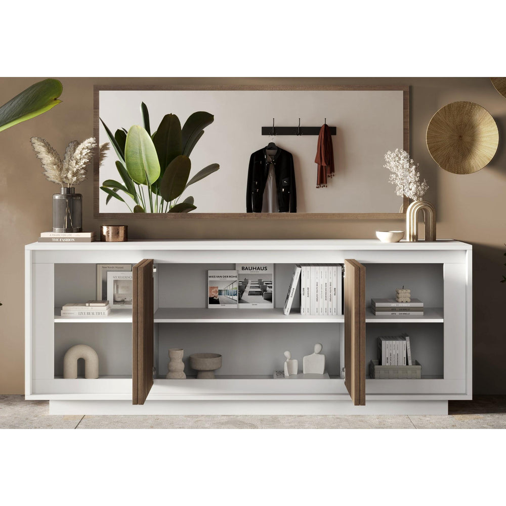 Berlin 4 Door 207cm Matt White and Mercure Oak Sideboard - FurniComp