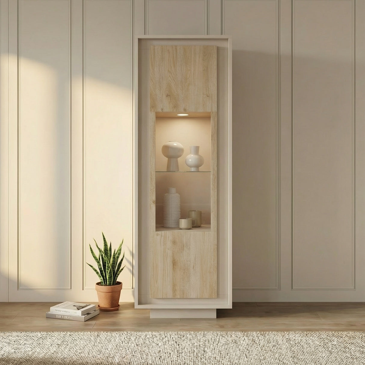 Berlin 1 Door 67cm Cashmere and Cadiz Oak Glass Display Cabinet - FurniComp