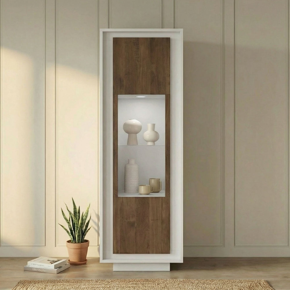 Berlin 1 Door 67cm Matt White and Mercure Oak Glass Display Cabinet - FurniComp