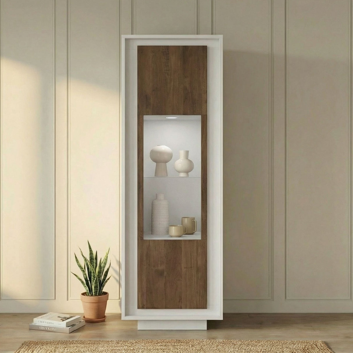 Berlin 1 Door 67cm Matt White and Mercure Oak Glass Display Cabinet - FurniComp