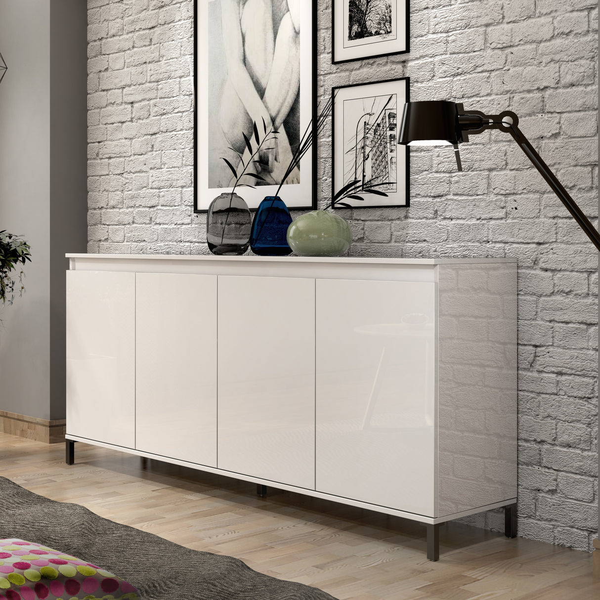 Cancun 4 Door 184cm White Gloss and Anthracite Sideboard - FurniComp
