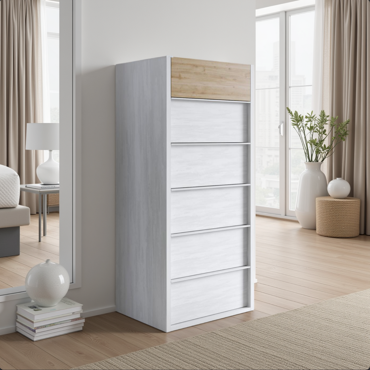 Carter 6 Drawer 50cm Tall Chest of Drawers - White Oak & Cadiz - FurniComp