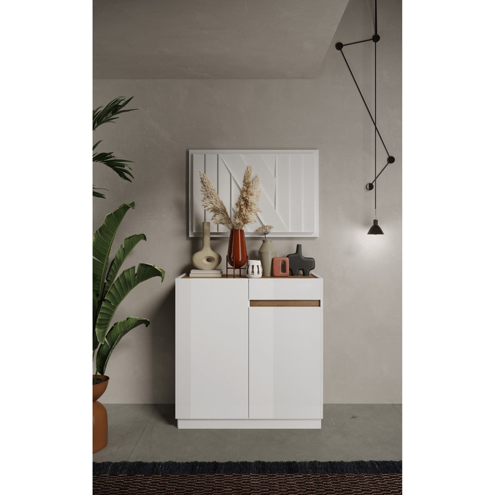Chelsea 2 Door 1 Drawer Compact White Gloss and Mercure Oak Sideboard - FurniComp
