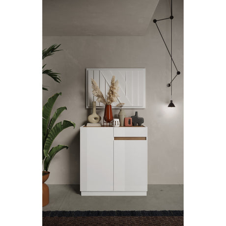 Chelsea 2 Door 1 Drawer Compact White Gloss and Mercure Oak Sideboard - FurniComp
