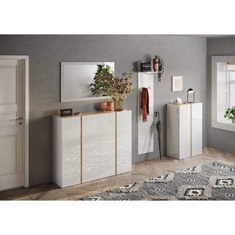 Chelsea 4 Door White Gloss and Cadiz Oak Large 50 Pair Shoe Cabinet - FurniComp