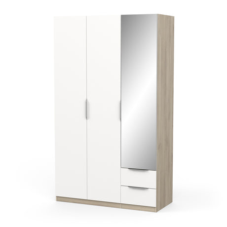 Chicago 3 Door 2 Drawer Matt White & Oak Effect 120cm Mirrored Triple Wardrobe - FurniComp