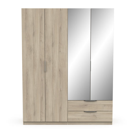 Chicago 4 Door 2 Drawer 160cm Oak Effect Space Saving Mirrored Wardrobe - FurniComp