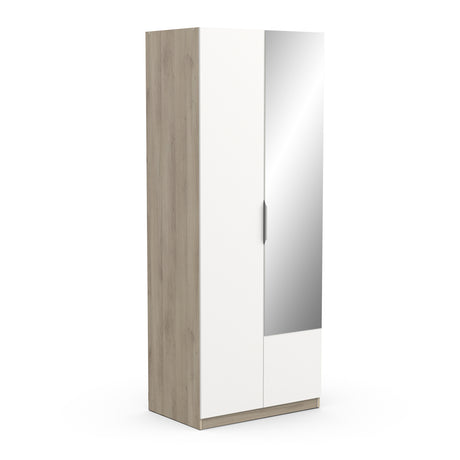 Chicago Matt White and Oak Effect 2 Door 80cm Narrow Compact Mirrored Wardrobe - FurniComp