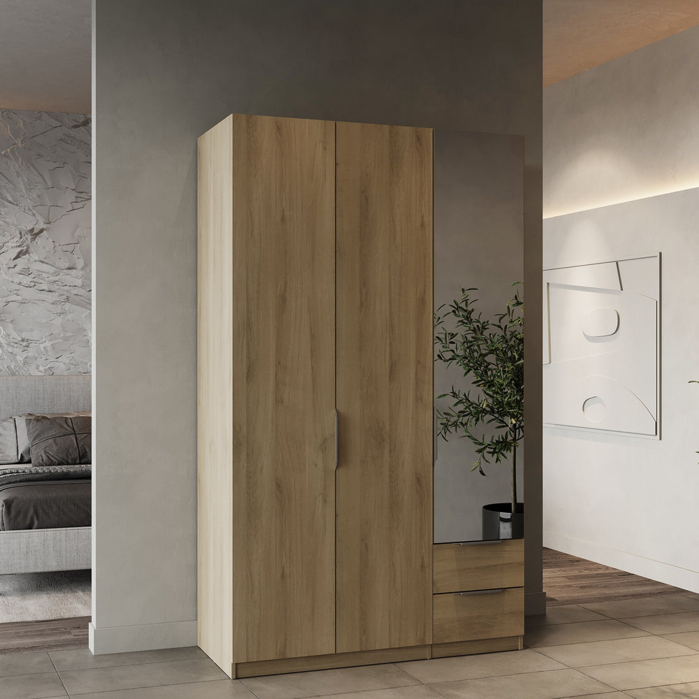 Chicago 3 Door 2 Drawer Oak Effect 120cm Mirrored Triple Wardrobe - FurniComp