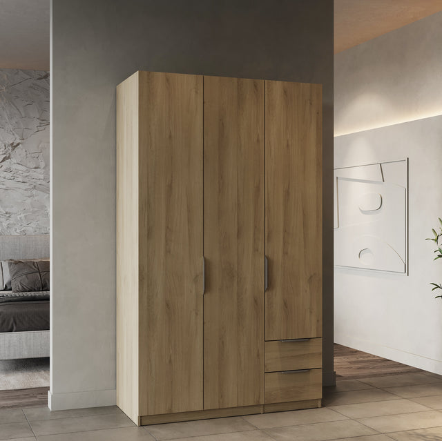 Chicago 3 Door 2 Drawer Oak Effect 120cm Space Saving Triple Wardrobe - FurniComp