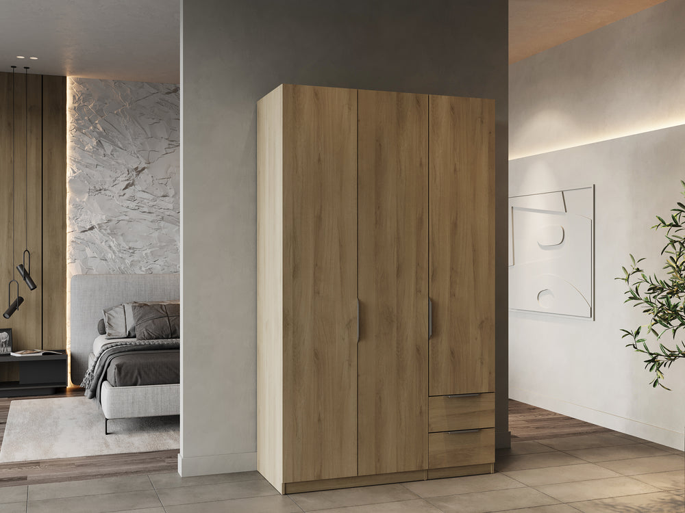 Chicago 3 Door 2 Drawer Oak Effect 120cm Space Saving Triple Wardrobe - FurniComp