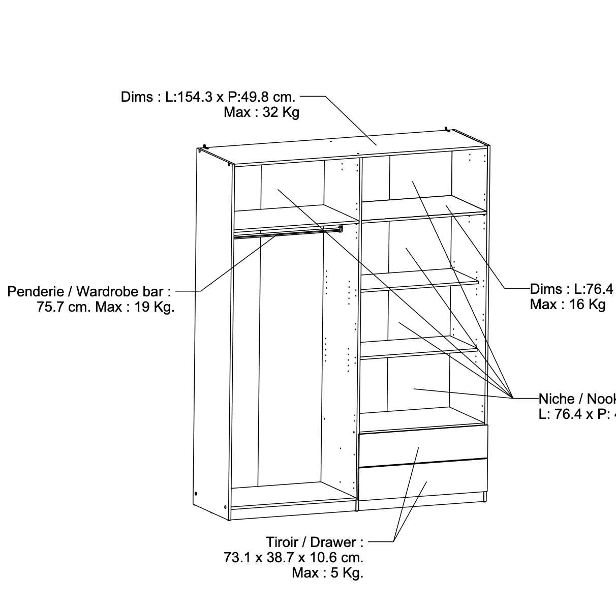 Chicago 4 Door 2 Drawer 160cm Oak Effect Space Saving Mirrored Wardrobe - FurniComp