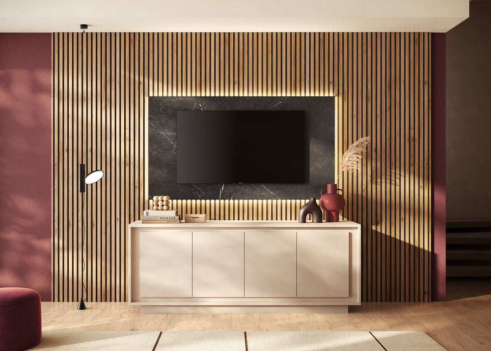Combo 350cm Slatted Wall Panelling & TV Backboard - Cadiz Oak & Black Marble Effect COM-900303-KMN - FurniComp
