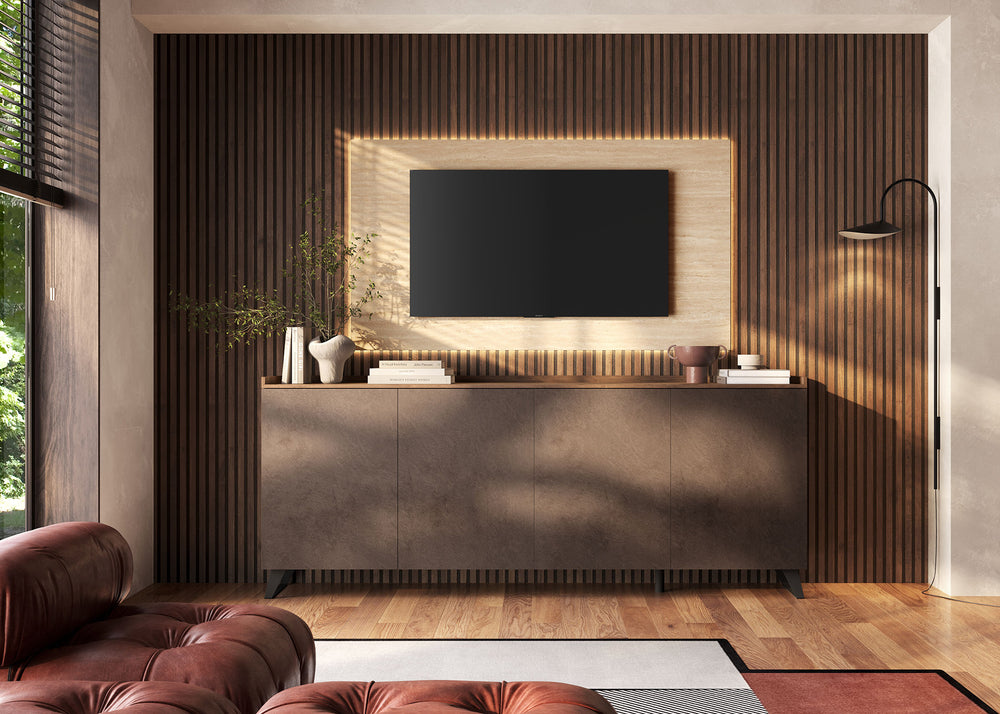 Combo 350cm Slatted Wall Panelling & TV Backboard – Mercure Oak & Travertine Stone COM- 900304-MRTR - FurniComp
