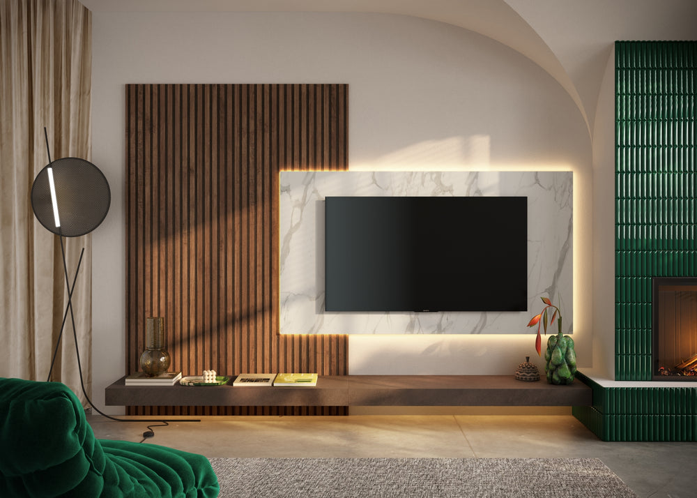 Combo Media Wall Entertainment Unit - White Marble, Mercure Oak & Bronze COM- 900224-BRMBMR - FurniComp