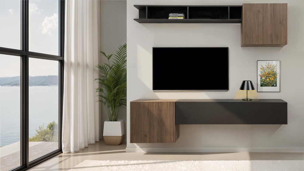 Combo Media Wall Entertainment Unit with Storage - Black Lava & Mercure Oak COM- 900281- LVMR - FurniComp