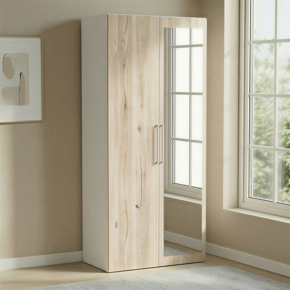 Connect Modular 2 Door White and Oak Wardrobe with Mirrored Door 100x55x224cm CON-2DR-R1M