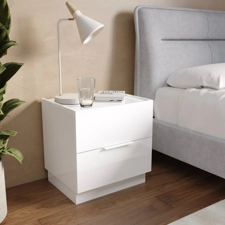 Cuba 2 Drawer Bedside Table - White High Gloss