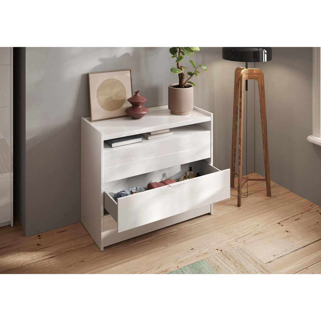 Dune 3 Drawer 110cm Chest of Drawers - White High Gloss - FurniComp