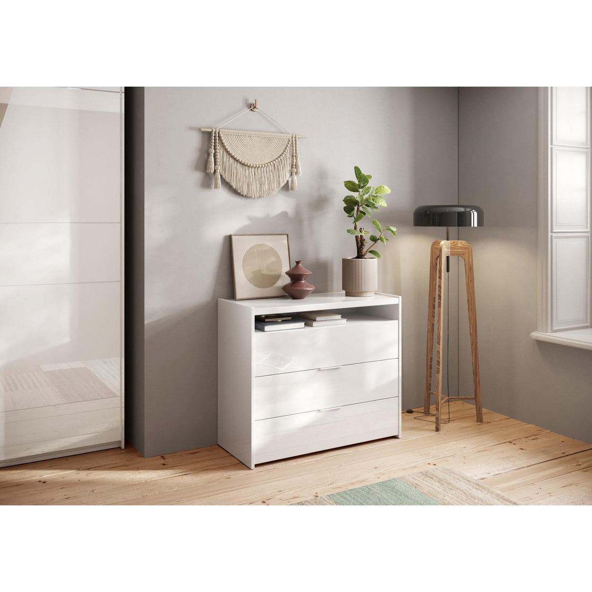 Dune 3 Drawer 110cm Chest of Drawers - White High Gloss - FurniComp