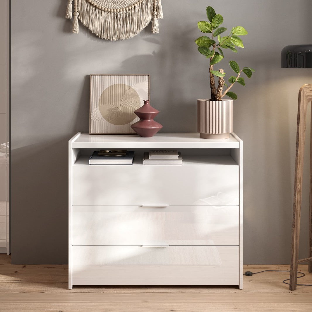 Dune 3 Drawer 110cm Chest of Drawers - White High Gloss - FurniComp