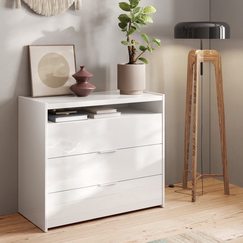 Dune 3 Drawer 110cm Chest of Drawers - White High Gloss - FurniComp