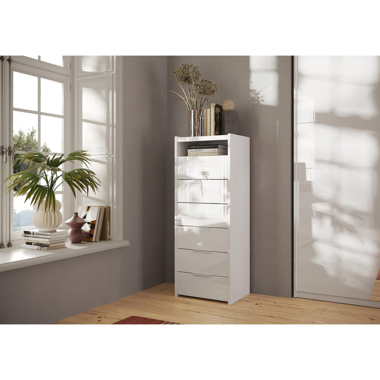 Dune 6 Drawer 50cm Tall Chest of Drawers - White High Gloss - FurniComp