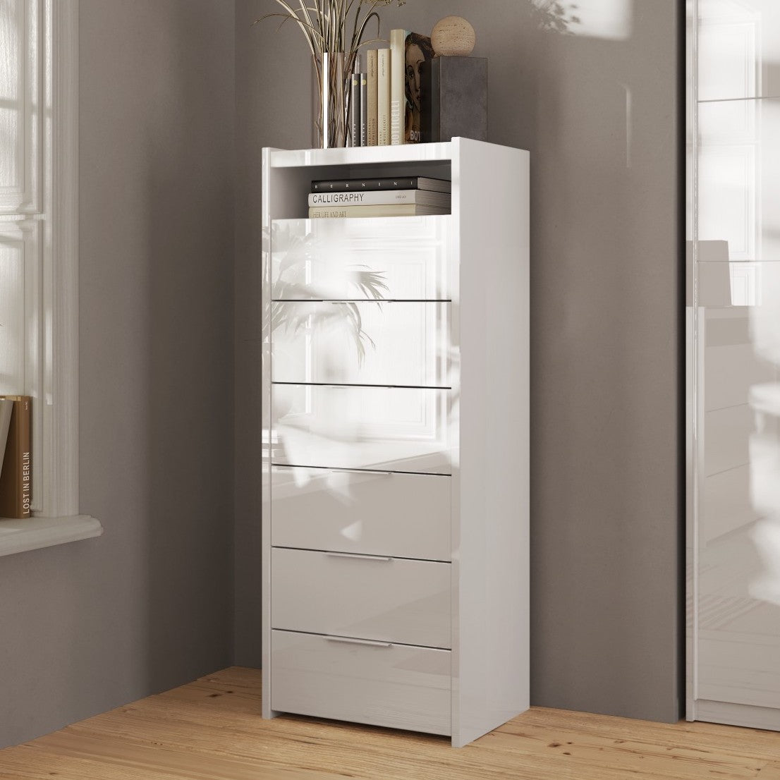 Dune 6 Drawer 50cm Tall Chest of Drawers - White High Gloss - FurniComp