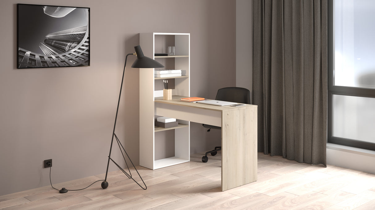 Echo Corner Office Desk with Bookcase - Matt White & Oak - FurniComp