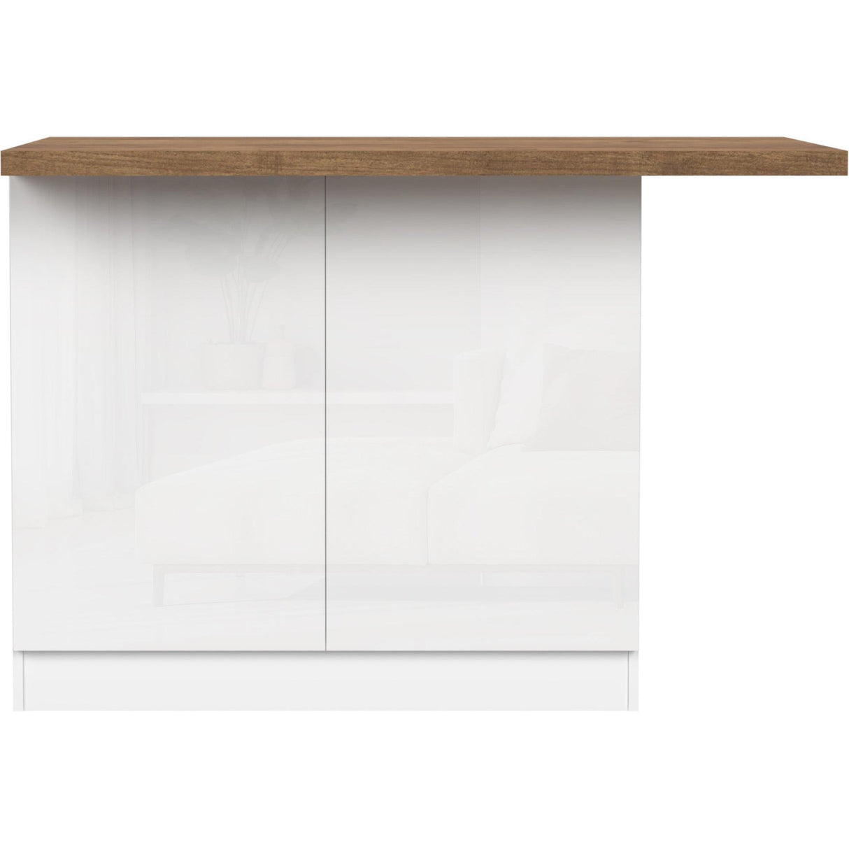 Fiora 130x80cm White Gloss Small Kitchen Island Breakfast Bar with Mercure Oak Top & Storage - FurniComp
