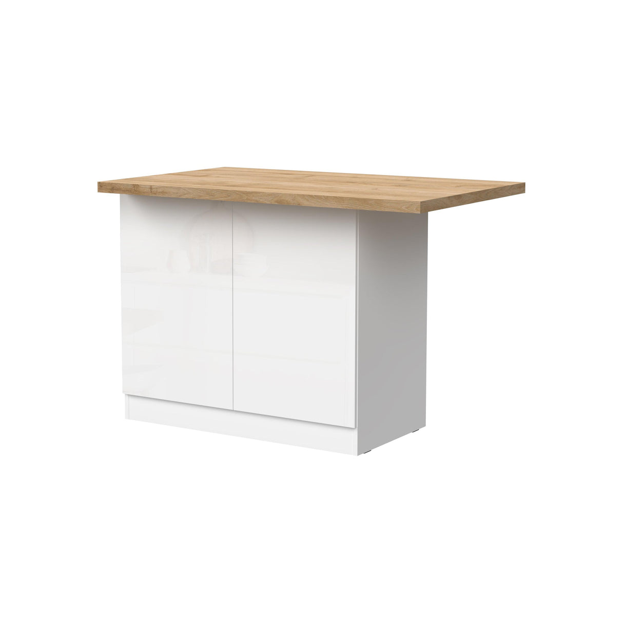 Fiora 130x80cm White Gloss Small Kitchen Island Breakfast Bar with Oak Top & Storage - FurniComp