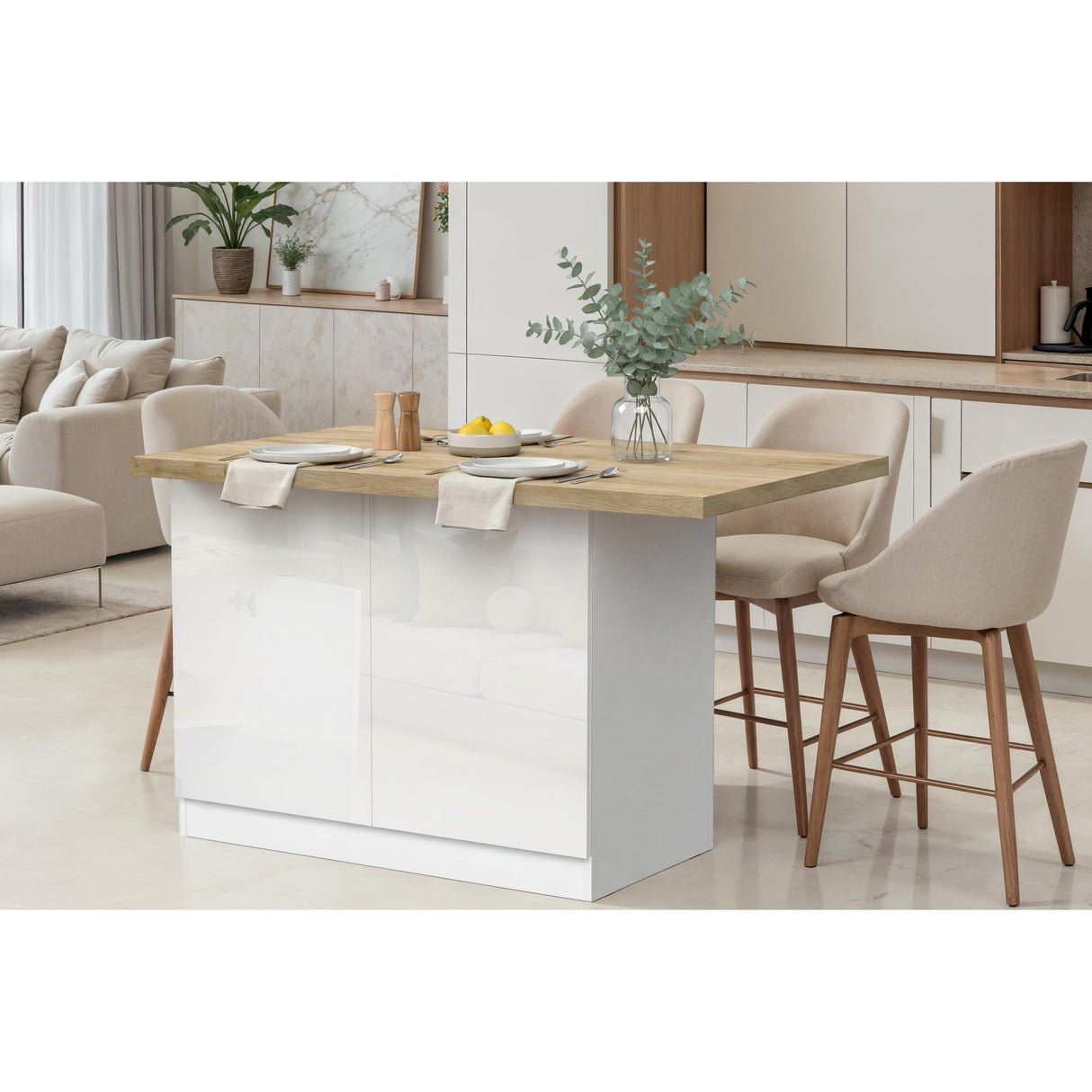 Fiora 130x80cm White Gloss Small Kitchen Island Breakfast Bar with Oak Top & Storage - FurniComp