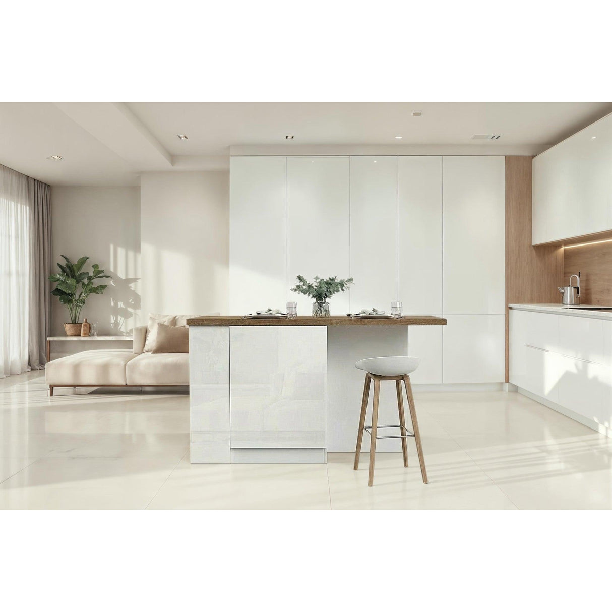 Fiora 160x80cm White Gloss Kitchen Island Breakfast Bar with Mercure Oak Top Shelving & Storage - FurniComp