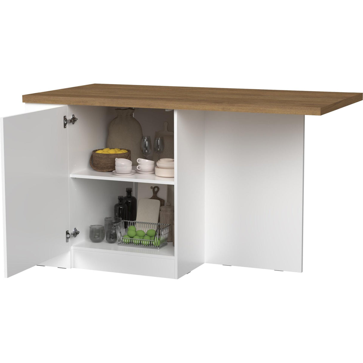 Fiora 160x80cm White Gloss Kitchen Island Breakfast Bar with Mercure Oak Top Shelving & Storage - FurniComp