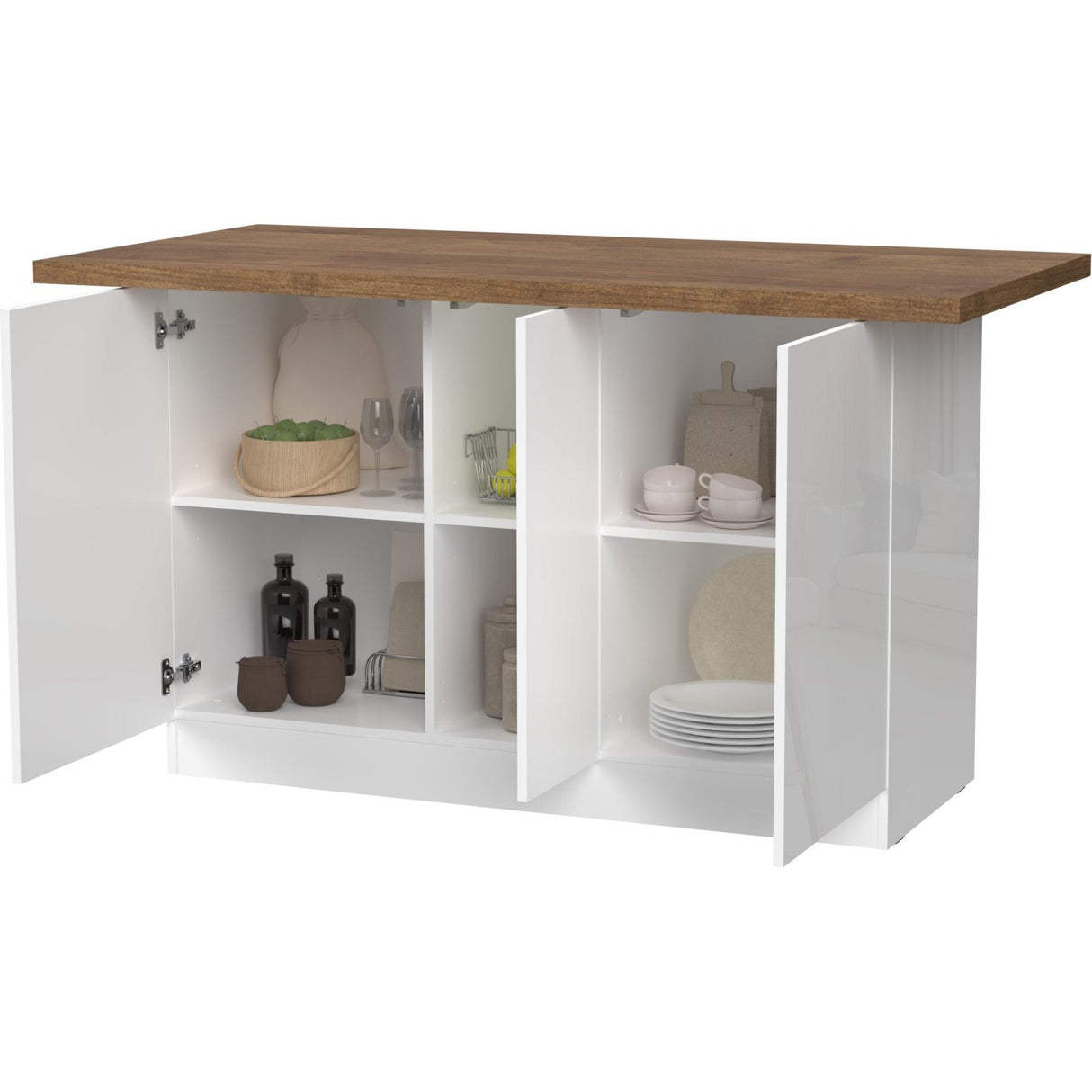 Fiora 160x80cm White Gloss Kitchen Island Breakfast Bar with Mercure Oak Top & Storage - FurniComp