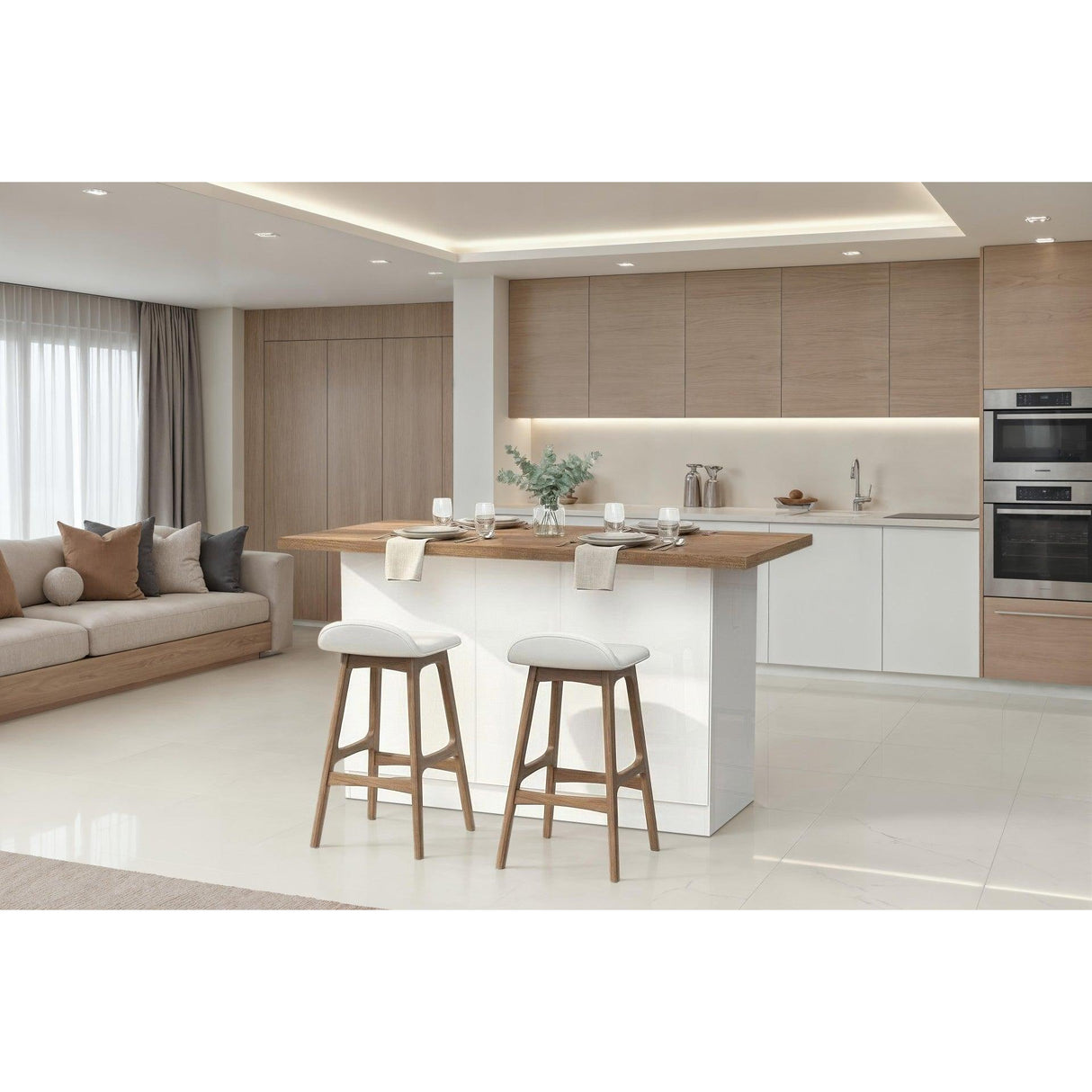 Fiora 160x80cm White Gloss Kitchen Island Breakfast Bar with Mercure Oak Top & Storage - FurniComp