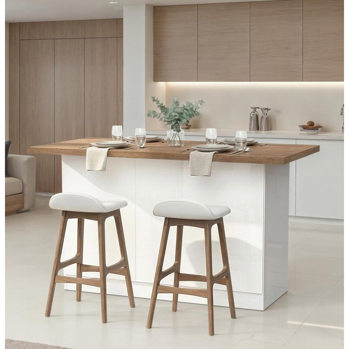 Fiora 160x80cm White Gloss Kitchen Island Breakfast Bar with Mercure Oak Top & Storage - FurniComp
