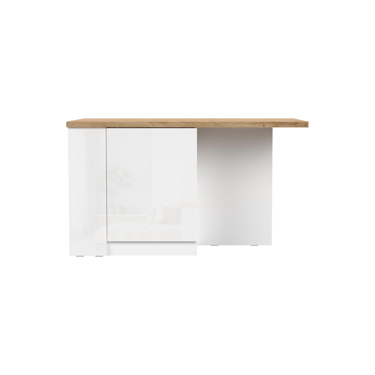 Fiora 160x80cm White Gloss Kitchen Island Breakfast Bar with Oak Top Shelving & Storage - FurniComp
